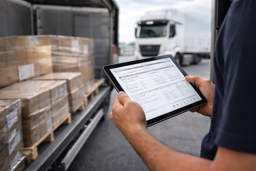 Verificación de mercancía con eFTI en España, una persona consulta el inventario en una tablet junto a un camión abierto con cajas embaladas.