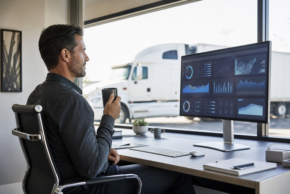Un responsable de transport détendu buvant un café devant son ordinateur avec un camion visible par la fenêtre, illustrant une gestion sereine de la facturation électronique et de Verifactu grâce à un logiciel centralisé.