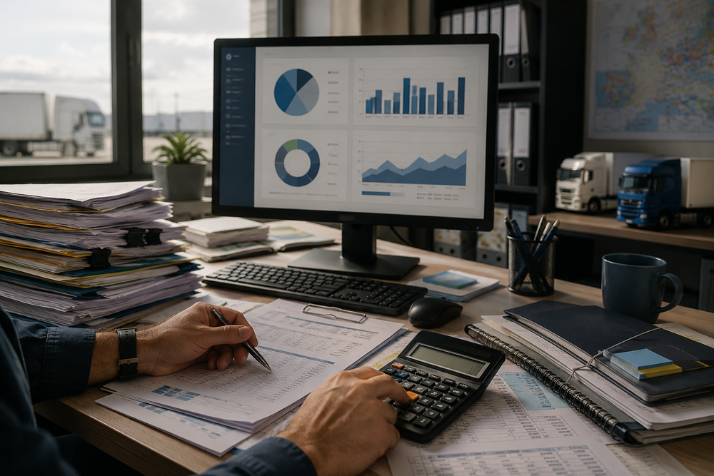 persona analizando documentos financieros de transporte con calculadora gráficos de costes y archivos de logística observatorio costes transporte mercancias