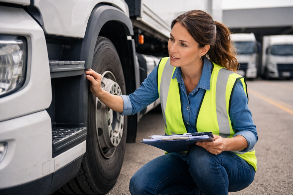 Conductrice en gilet de sécurité accroupie inspectant un pneu de camion avec un clipboard, illustrant le suivi de flotte et les aides au transport routier liées à l’exploitation des véhicules