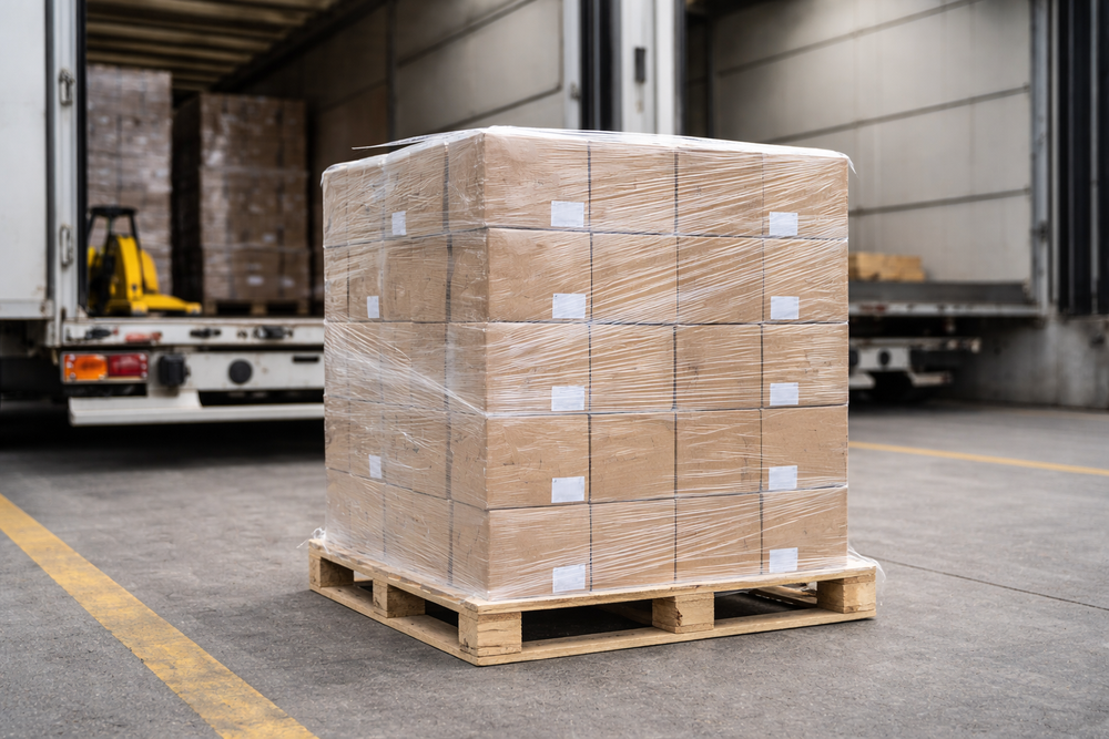 Palette de cartons filmés positionnée à l'arrière d'un camion lors d'une opération de chargement sur une plateforme de cross-docking.