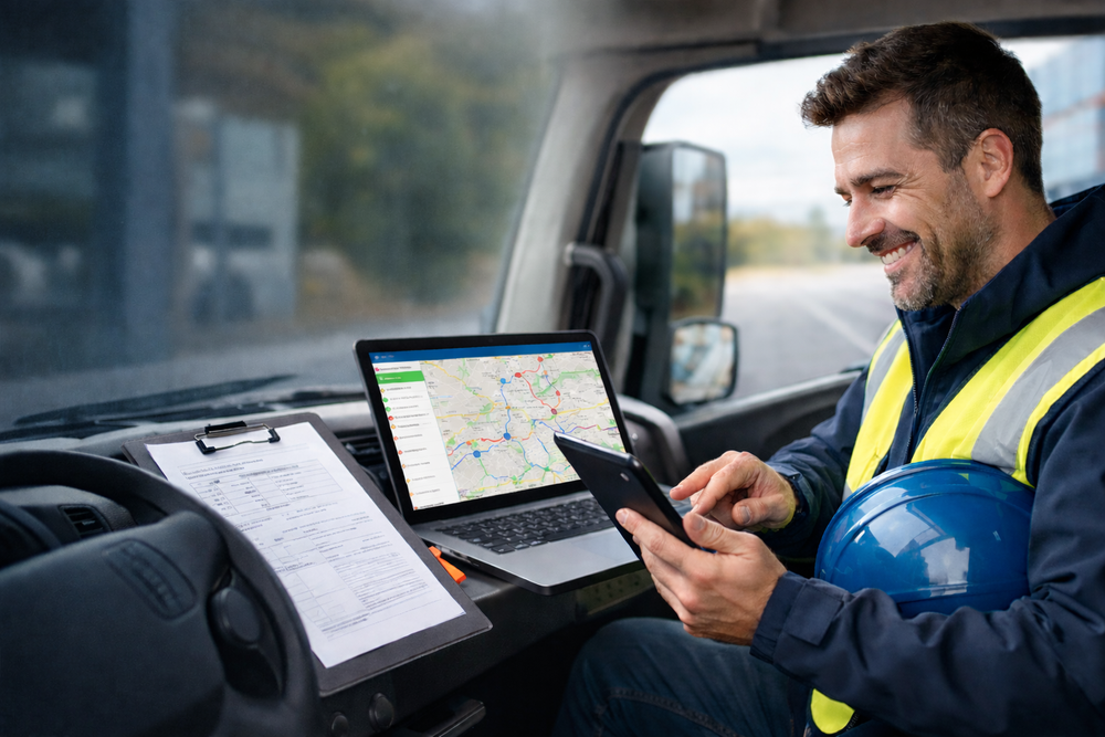 Chauffeur de livraison en gilet haute visibilité utilisant une tablette et des documents papier dans la cabine d’un camion, illustrant l’usage d’un logiciel d’optimisation de tournée en conditions réelles.