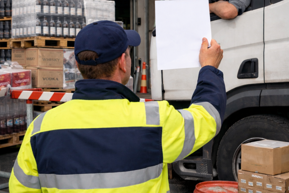 Un agent logistique en gilet haute visibilité présente un document administratif électronique à un chauffeur de camion dans le cadre d'un transport EMCS France. Des palettes avec des cartons sont visibles en arrière-plan.