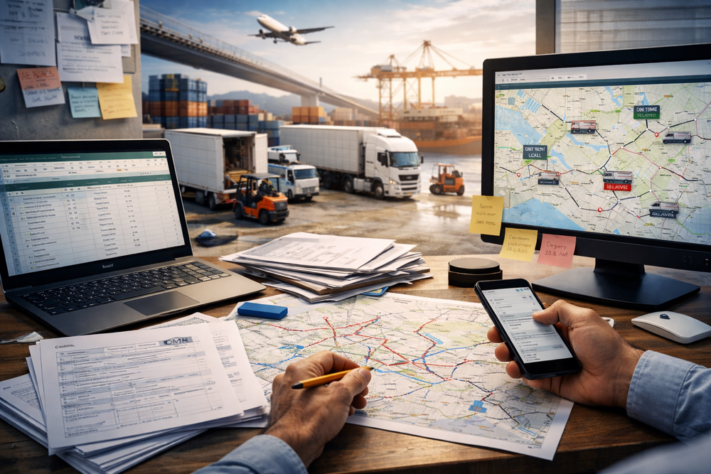 Bureau logistique équipé d'écrans et de cartes de transport, avec camions, conteneurs et avion en arrière-plan, illustrant la coordination mondiale des flux de transport optimisée par l'IA dans la logistique.