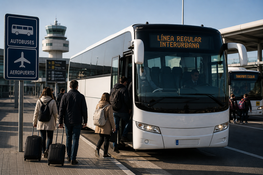 Pasajeros suben a un autobús interurbano blanco en una terminal aeroportuaria, con torre de control y señalización de transporte al fondo — escena representativa de vehículos M2/M3 elegibles dentro del marco del gasóleo profesional.