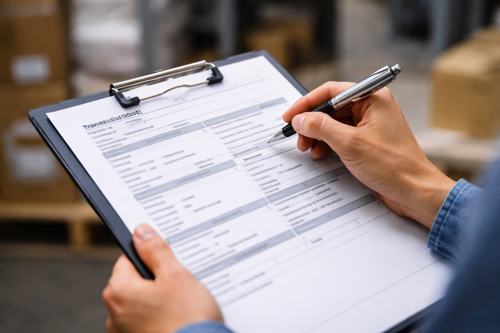 Persona rellenando un formulario en un portapapeles con un bolígrafo, con cajas desenfocadas al fondo en un almacén, completando una orden de transporte