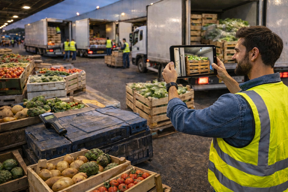 Opérateur en gilet de sécurité utilisant une tablette pour tracer des caisses de légumes sur un MIN marché, avec camions et équipes au quai en arrière-plan.