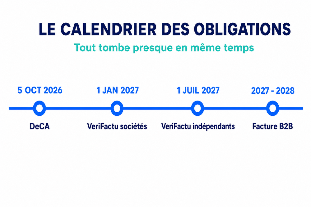 Ligne du temps montrant les dates clés de la conformité : DeCA le 5 octobre 2026, Verifactu pour les sociétés au 1er janvier 2027 et pour les indépendants au 1er juillet 2027, puis la facture B2B en 2027-2028.