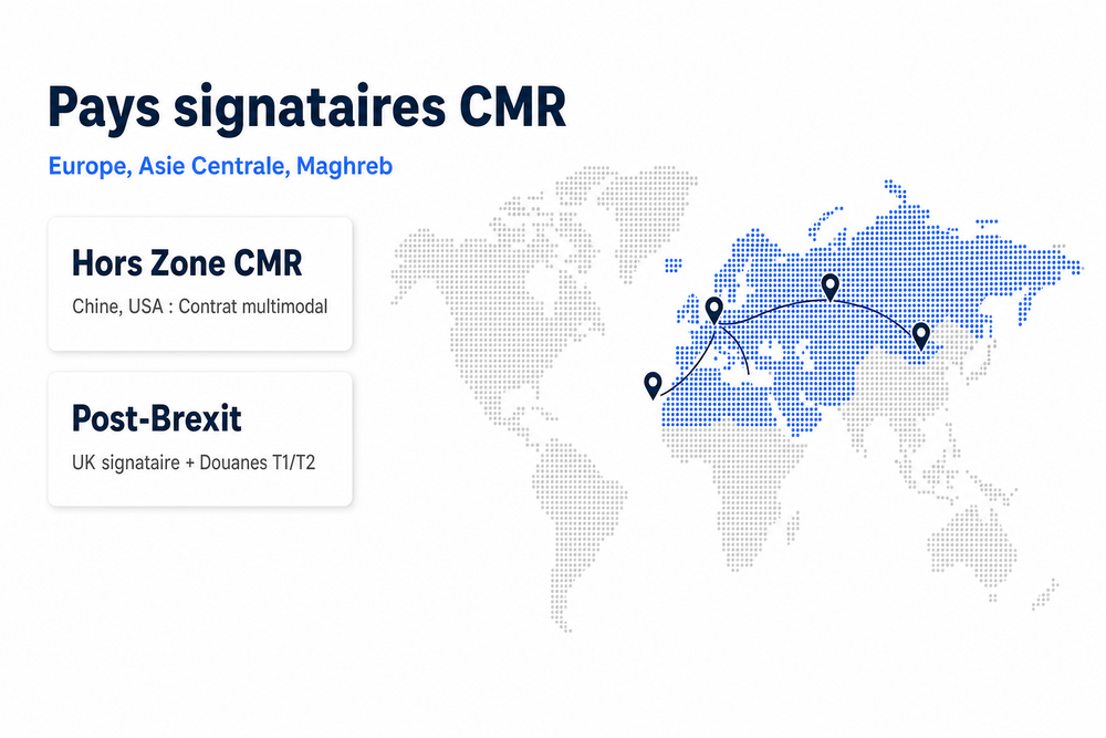 Carte des pays signataires de la CMR transport en Europe, Asie centrale et Maghreb, avec mentions Chine, USA et post-Brexit Royaume-Uni