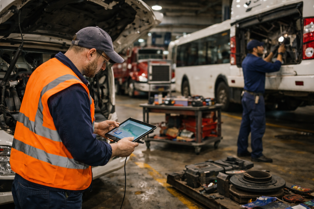 Mecánico con chaleco naranja utilizando una tableta junto a una furgoneta con el capó abierto, mientras otro mecánico trabaja en un autobús dentro de un taller, con herramientas esparcidas en el suelo.
