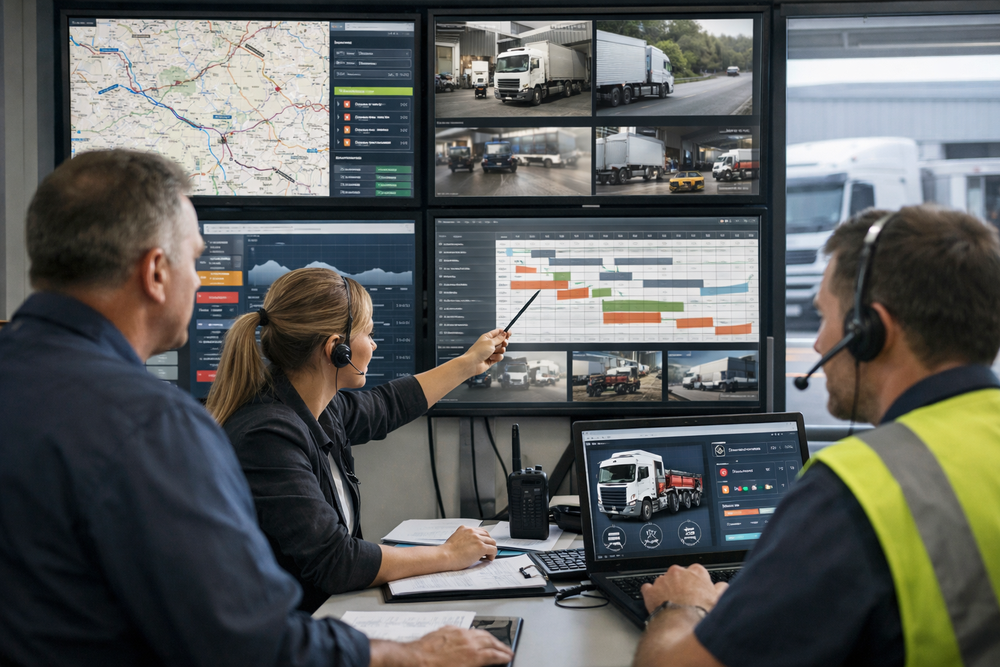 Tres profesionales de logística supervisando datos de transporte en una sala de control, con pantallas que muestran mapas, horarios y seguimiento de camiones, en el contexto del mantenimiento flota.
