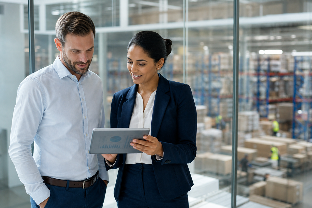 Deux responsables analysant sereinement leurs performances sur tablette, le résultat d'un logiciel supply chain bien intégré.