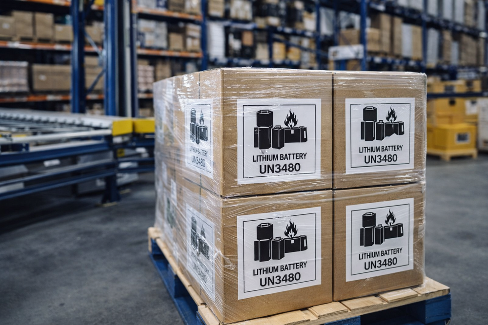 Palé con cajas etiquetadas "Batería de litio UN3480" en un almacén, clasificadas como mercancías peligrosas clase 9.