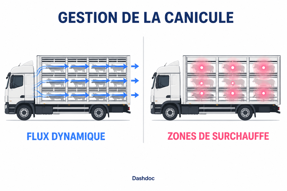 Schéma comparant deux camions de transport d’animaux en période de canicule : l’un montre un flux d’air dynamique efficace, l’autre des zones de surchauffe dangereuses.