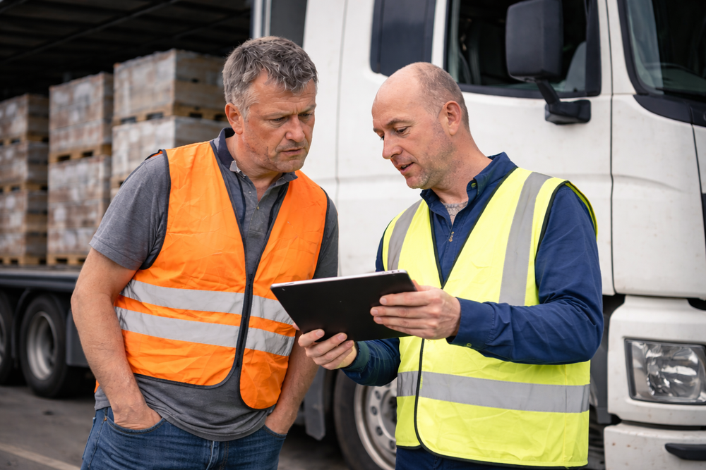 Deux hommes en gilets de sécurité consultent une tablette devant un camion chargé de palettes.