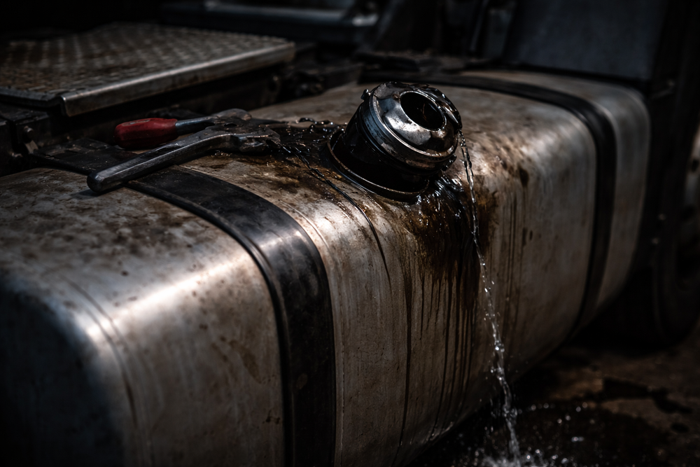 Fuite de carburant sur un réservoir de camion ouvert, illustrant les pertes liées au vol de carburant camion et au siphonnage.