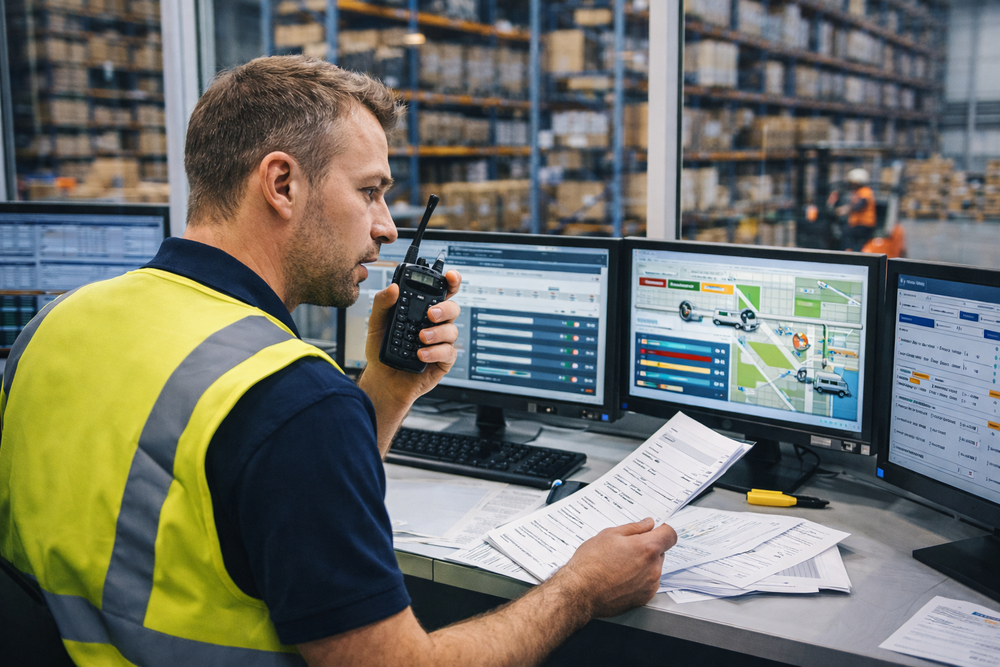 Warehouse worker en gilet jaune utilisant une radio assis à un poste de contrôle avec plusieurs écrans affichant les données d’un warehouse management software pour le pilotage des opérations et des stocks en entrepôt