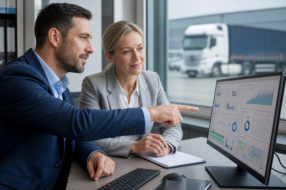 Auditeur ISO et dirigeant d'une entreprise de transport vérifiant les enregistrements de conformité sur un logiciel TMS.