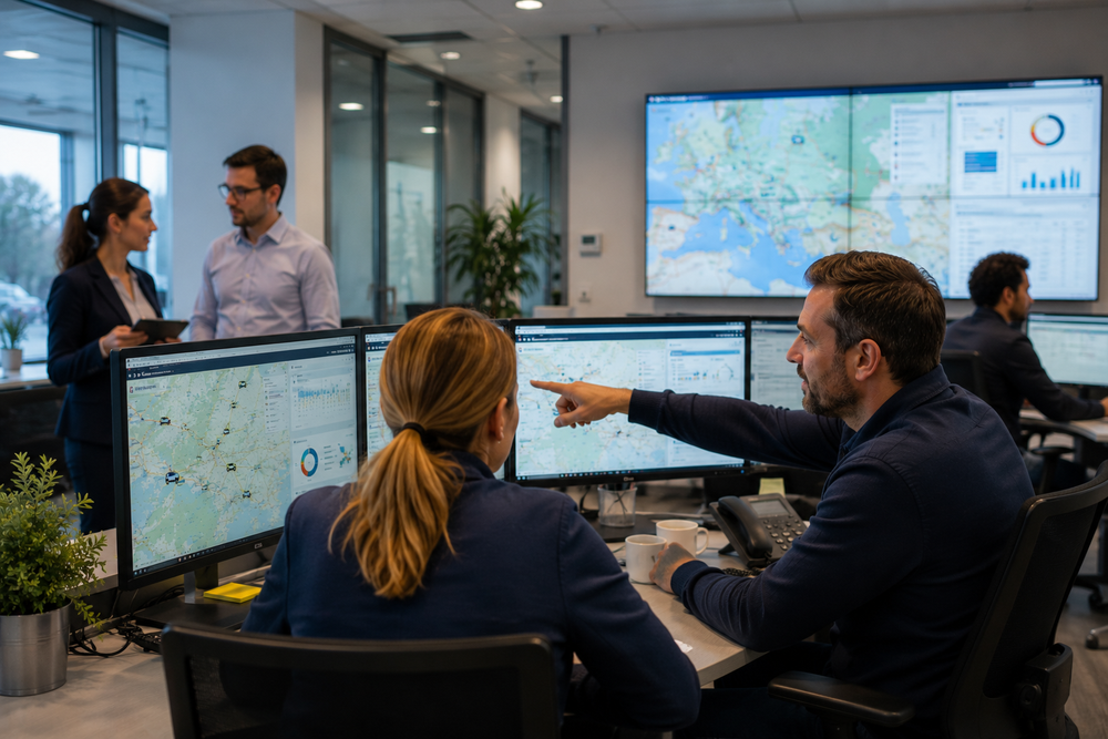 Equipo de operaciones analizando datos de control de flotas en múltiples pantallas con mapas geolocalizados, seguimiento de vehículos y cuadros de mando logísticos en tiempo real.
