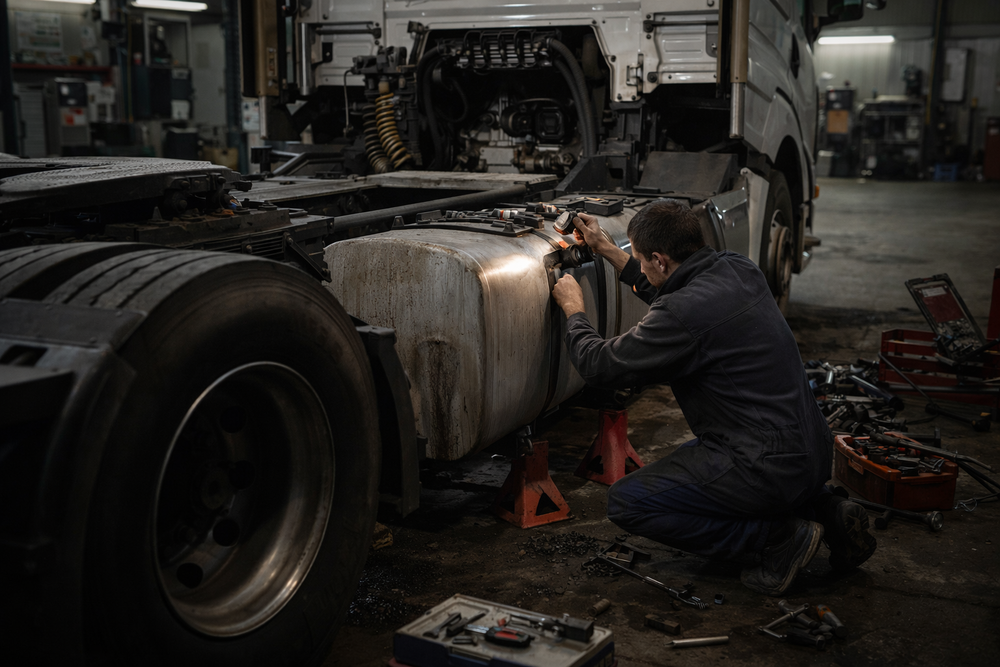 Mécanicien accroupi près d'un camion en train d'inspecter le moteur dans un garage, illustrant les risques de vol de carburant camion.
