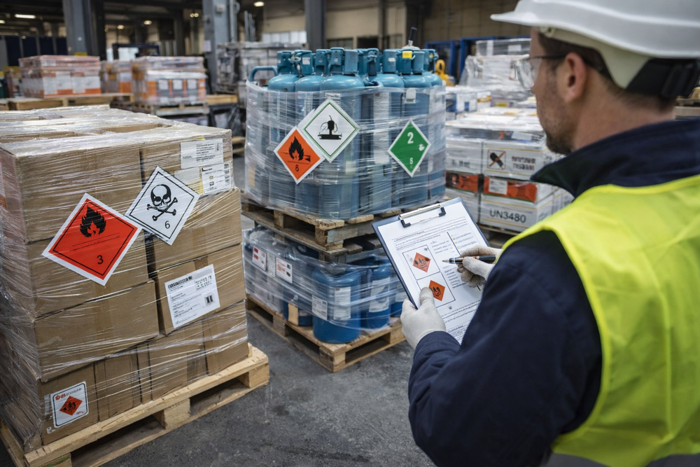 Operario con equipo de protección revisando etiquetas de mercancías peligrosas en palés de almacén, con portapapeles y pictogramas de peligro.