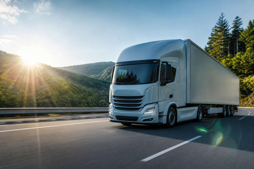 Camion de transport routier moderne roulant dans la nature, symbolisant la réduction des émissions de CO2 et la norme ISO 14083.