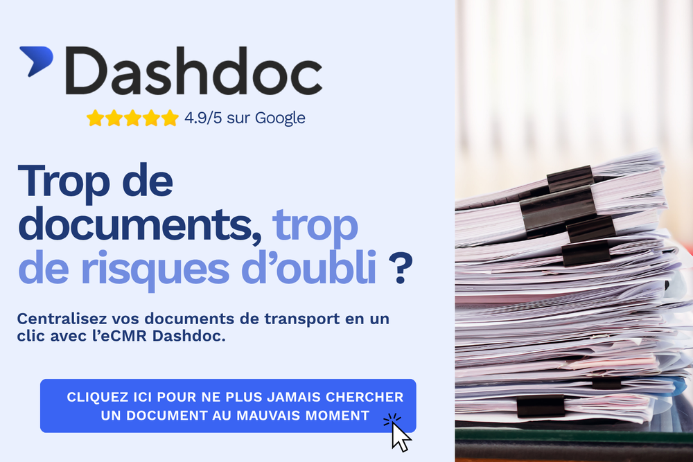Image promotionnelle de Dashdoc mettant en avant les avantages de la gestion des documents de transport, avec une pile de papiers et un bouton d’appel à l’action.