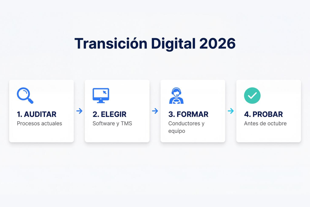 Diagrama de los 4 pasos para la transición al documento de control digital en 2026: Auditar, Elegir, Formar y Probar.