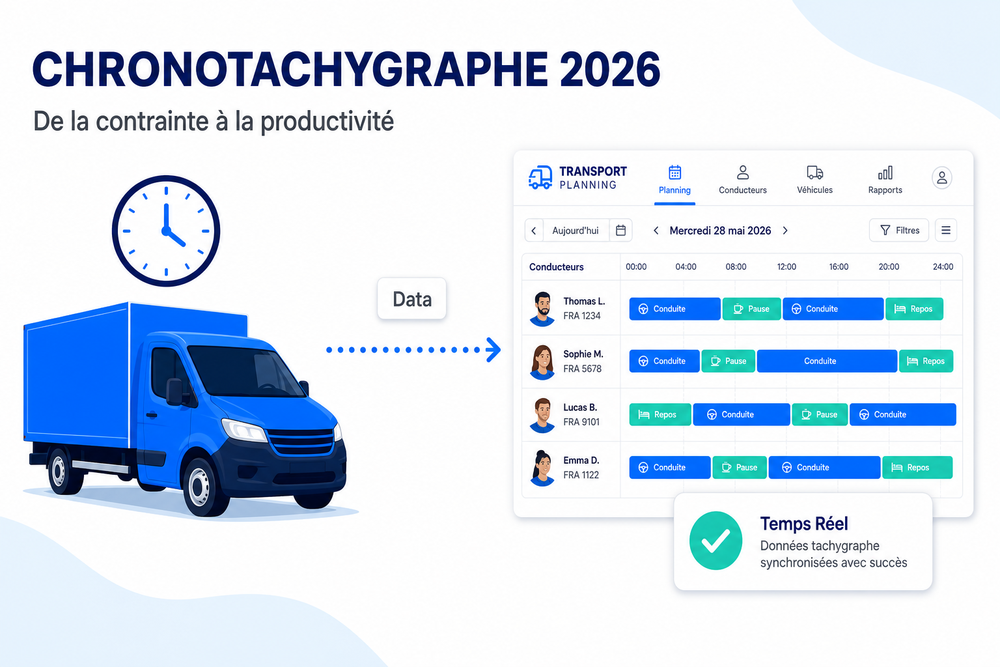 Illustration d’un camion bleu connecté à un tableau de bord numérique affichant les données du chronotachygraphe 2026, les temps de conduite et le planning des chauffeurs en temps réel