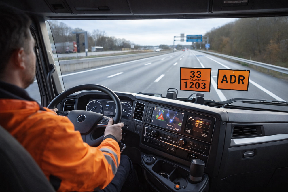 Conductor de camión con chaqueta naranja al volante en autopista, con señales ADR "33/1203" en el salpicadero indicando transporte de mercancías peligrosas.