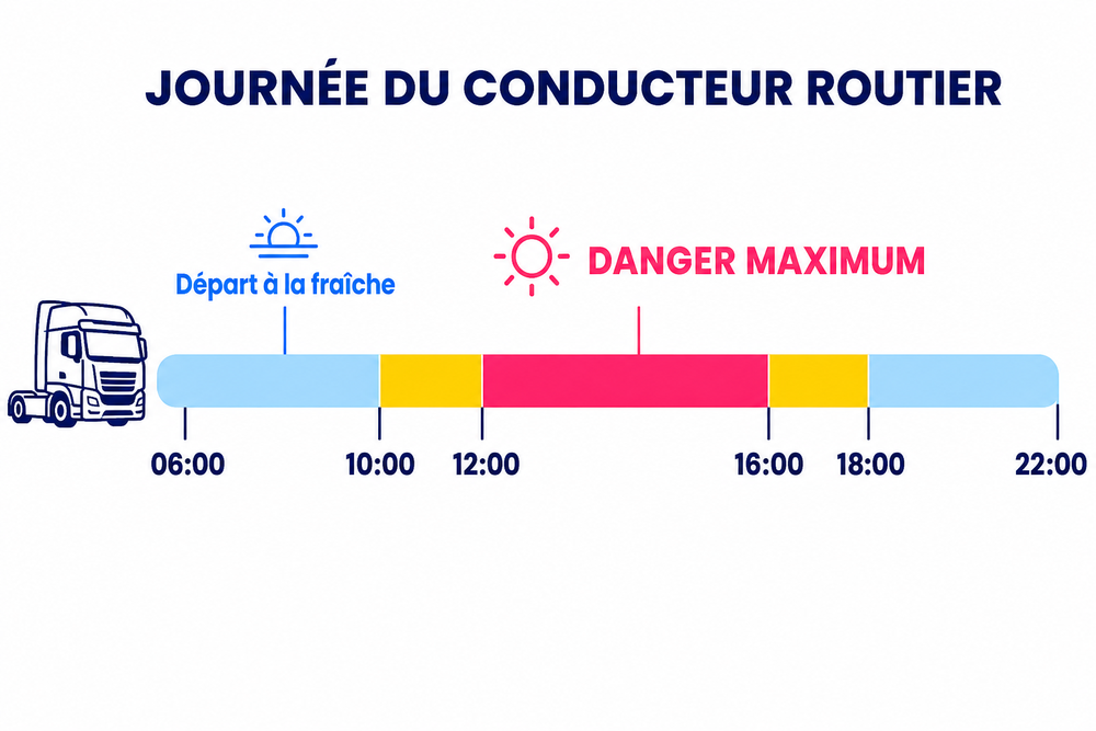 Conducteur routier et canicule : frise horaire d’une journée de 6h à 22h, avec un départ à la fraîche tôt le matin et une période de danger maximum en milieu de journée.