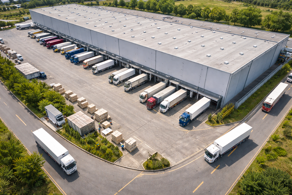 Vue aérienne d'une plateforme de cross-docking avec plusieurs camions stationnés aux quais de chargement, entourée de verdure.