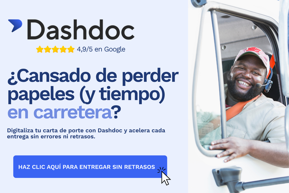 Conductor de camión sonriente en la cabina junto a un anuncio de Dashdoc con una valoración de 4,9/5, que ofrece soluciones digitales de entrega para evitar retrasos por papeleo, gracias a la digitalización de la carta de porte.