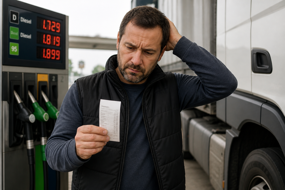 Hombre mirando preocupado un recibo junto a surtidores de diésel, con precios visibles que ilustran la evolución precio gasoil.