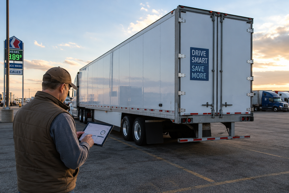 US truck driver reviewing fuel and cost-saving data in the cab