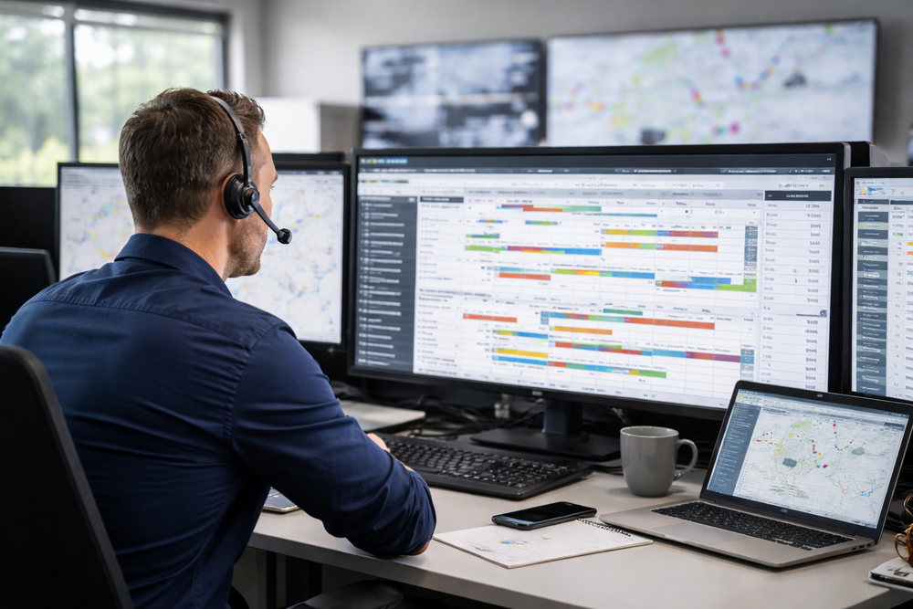 Affréteur gérant des opérations d'affrètement sur plusieurs écrans dans un bureau logistique