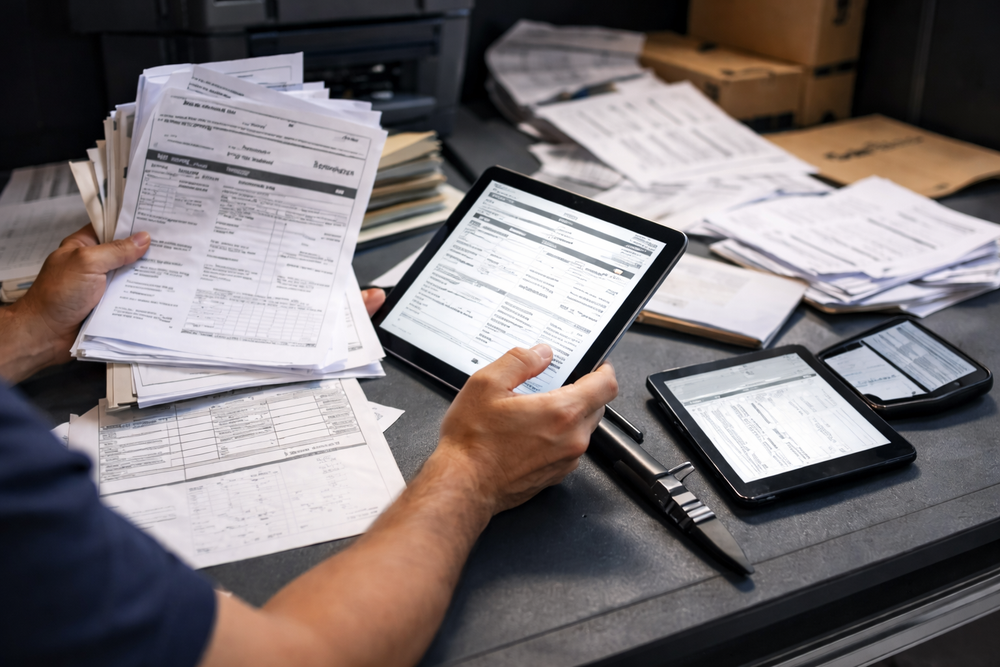 Persona gestionando documentación de transporte en un escritorio desordenado, con formularios digitales en tablet y uso de eFTI en España para centralizar la información logística.