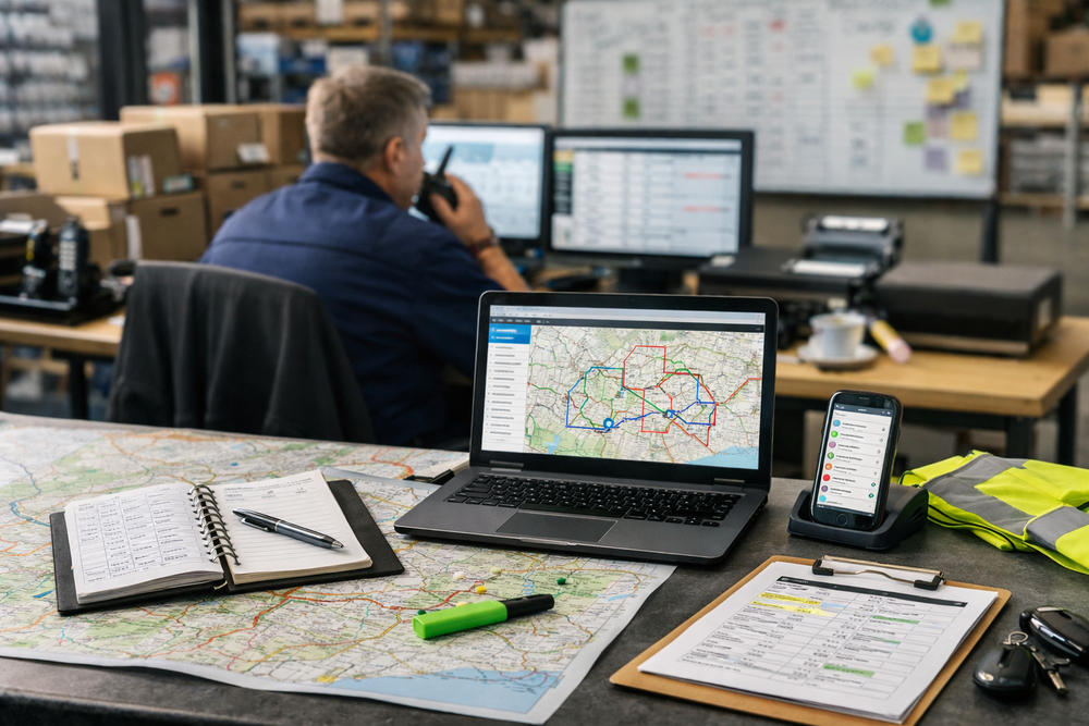 Bureau d’exploitation avec cartes, ordinateur portable, clipboard et smartphone, un opérateur utilisant une radio devant des écrans, illustrant l’usage d’un logiciel d’optimisation de tournée en environnement transport.
