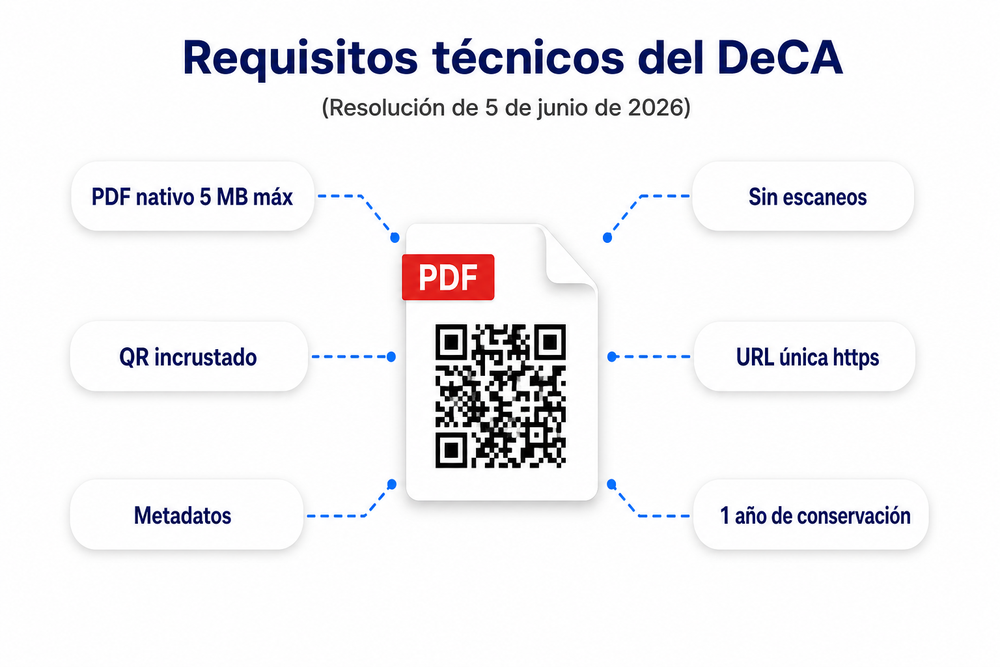 Requisitos técnicos del DeCA: PDF nativo de 5 MB, QR incrustado, URL única https, metadatos y conservación de un año