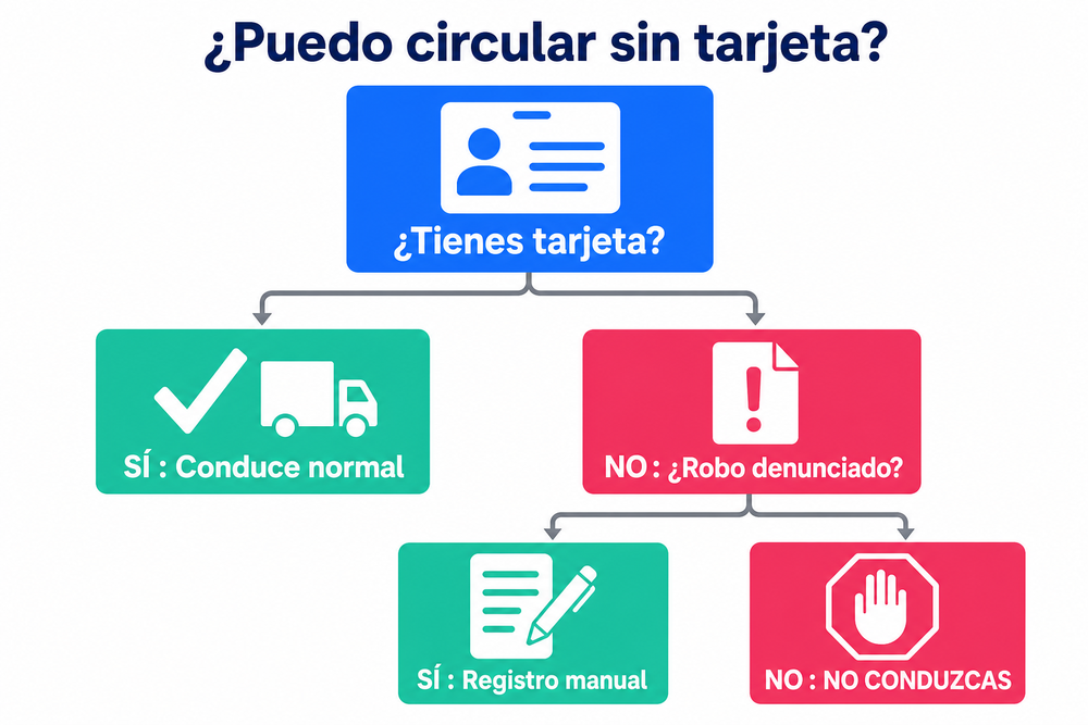 Diagrama « ¿Puedo circular sin tarjeta? »: conducir con normalidad con la tarjeta, registro manual si te la han robado, o no conducir para evitar la sanción por conducir sin tarjeta de tacógrafo