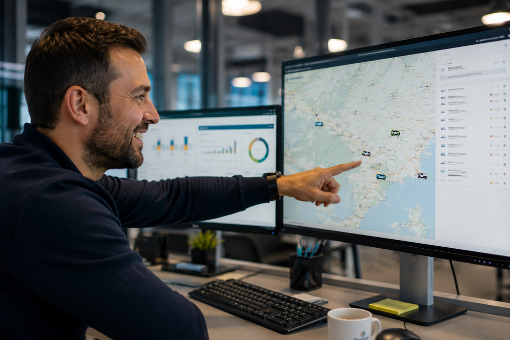 Profesional del transporte utilizando una herramienta de control de flotas para supervisar vehículos geolocalizados en un mapa y analizar indicadores logísticos en tiempo real.