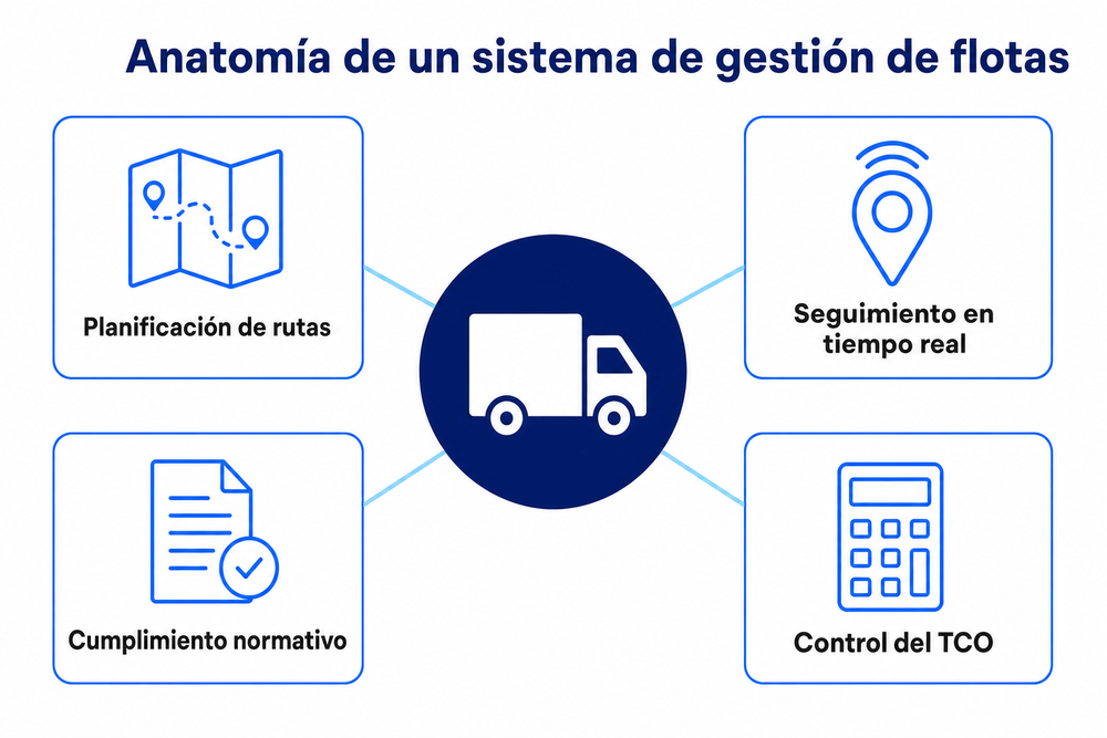 Anatomía de un sistema de gestión de flotas: planificación de rutas, seguimiento en tiempo real, control del TCO y cumplimiento normativo
