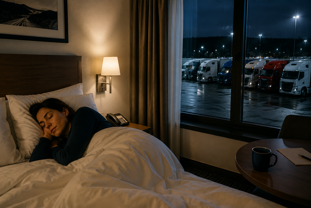 Persona durmiendo en una habitación de hotel acogedora mientras un aparcamiento de camiones se ve a través de la ventana durante la noche, ilustrando los descansos del tacógrafo.