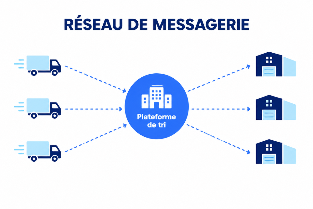 Cariste déplaçant des palettes de marchandises sur une plateforme de tri lors d'une opération de messagerie routière.