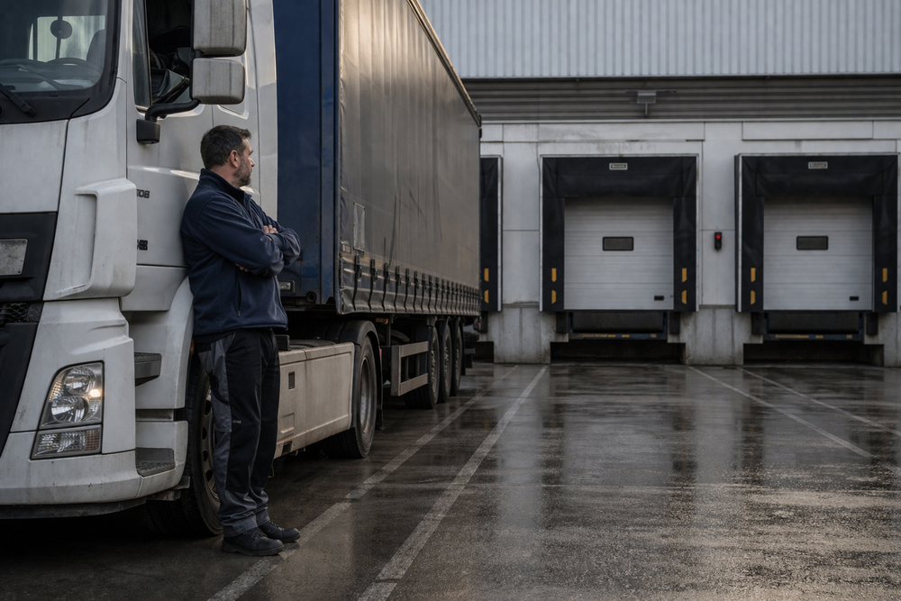 Un conductor de camión de pie junto a su vehículo, frente a muelles de carga en un día lluvioso y nublado, con actitud de espera, ilustrando los tiempos improductivos en la gestión de flotas de transporte.