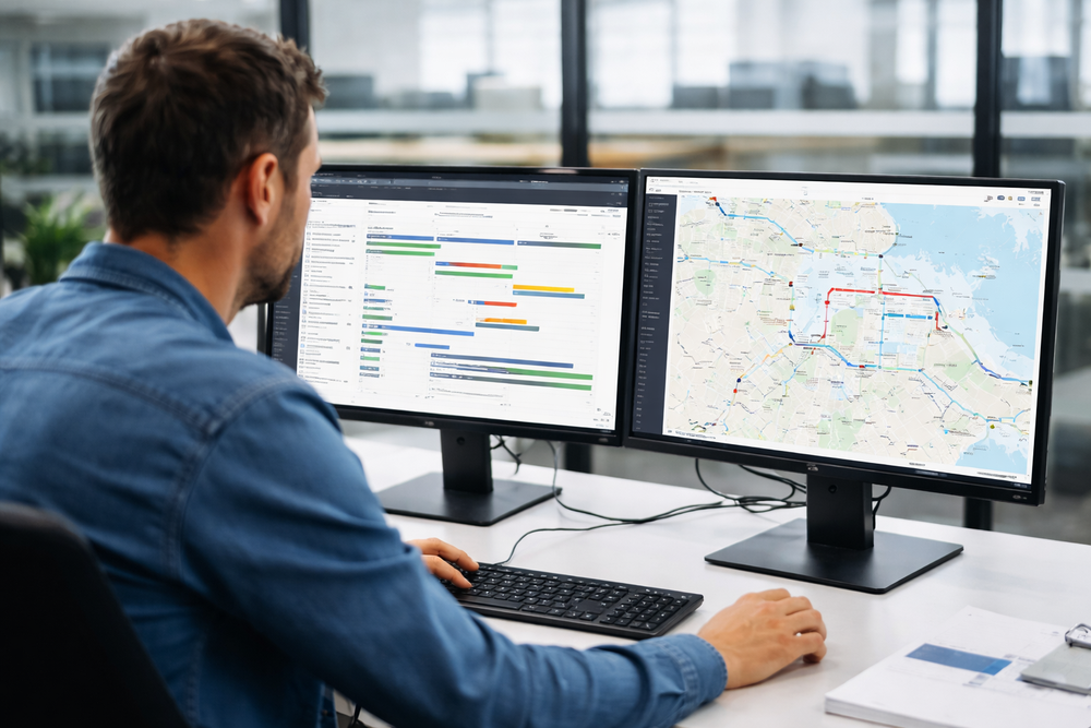 Hombre en un escritorio utilizando dos monitores con software de planificación y un mapa digital en una oficina, gestionando una orden de transporte en tiempo real