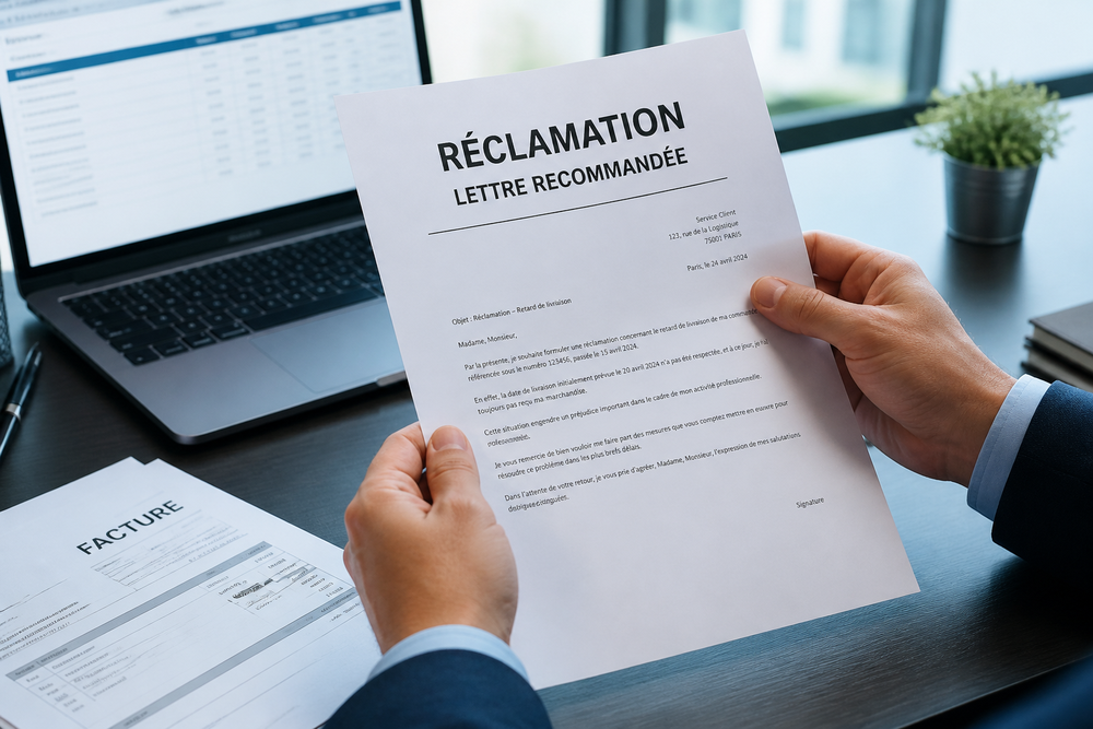 Personne tenant un courrier de "Réclamation Lettre Recommandée" au-dessus d'une facture, illustrant la procédure administrative d'un litige transport.