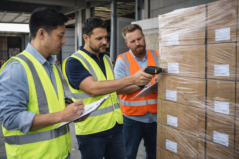 Trois agents de quai en gilet de sécurité contrôlant et scannant une palette de marchandises sur une plateforme de cross-docking.