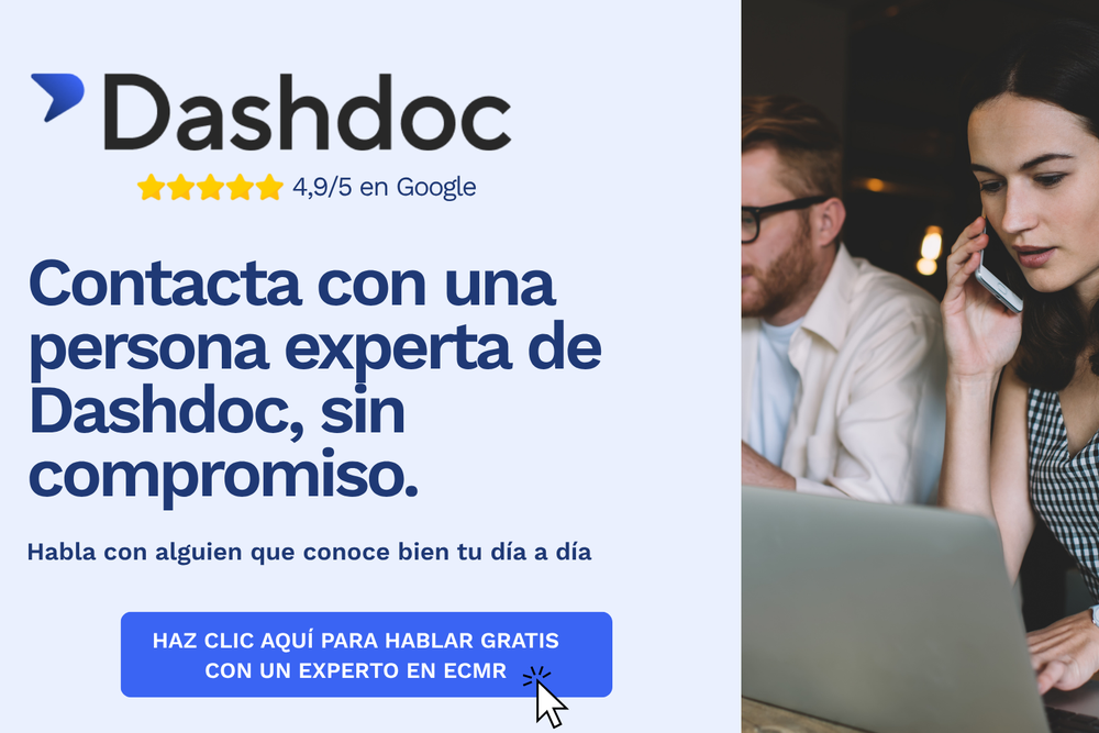 Mujer al teléfono frente a un portátil, con un hombre trabajando a su lado. El texto promociona el contacto con una persona experta de Dashdoc. El botón dice: "Haz clic aquí para hablar gratis con un experto en eCMR."        Demander à ChatGPT