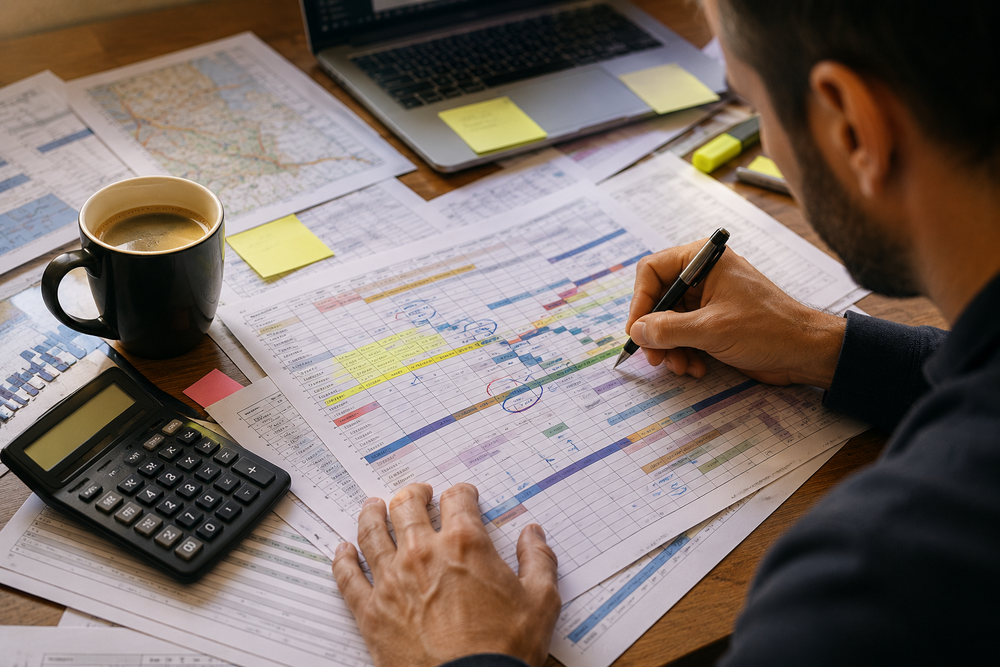 Responsable de transporte analizando documentos y datos con calculadora, portátil, café y resaltadores sobre un escritorio de trabajo.